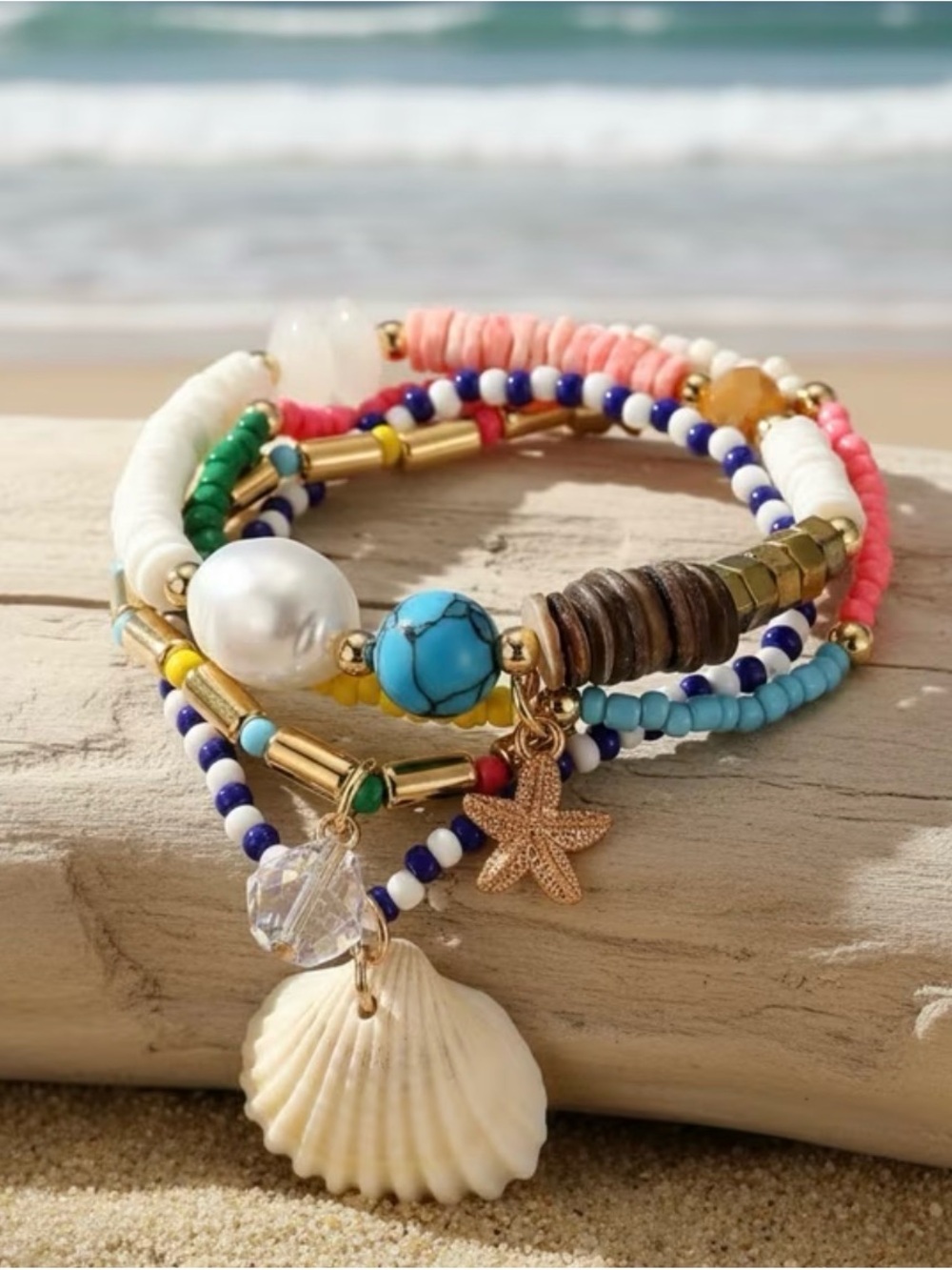 Boho Multi-Strand Shell & Bead Bracelet - Turquoise, Pink, White